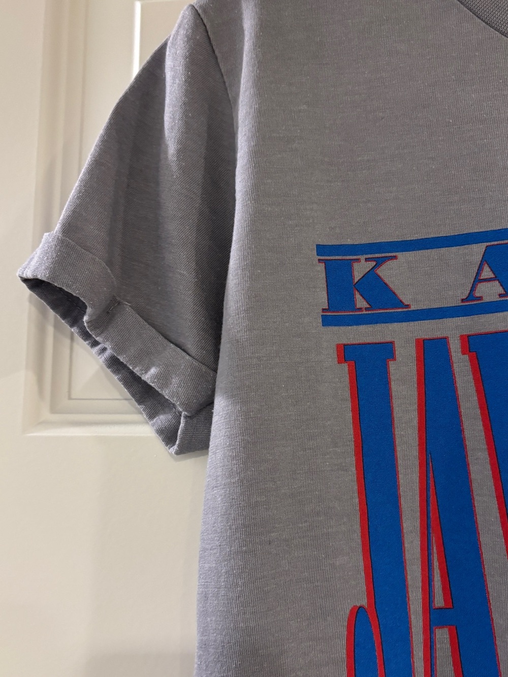 Kansas Jayhawks Graphic Tee in Gray with Blue & Red Print - Picture 4 of 4